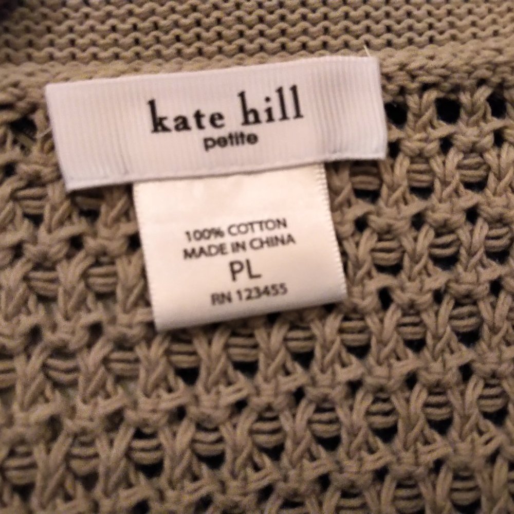 Kate Hill large petite Sage/Taupe One Button 3/4 Sleeve Crochet Cardigan - Picture 4 of 6